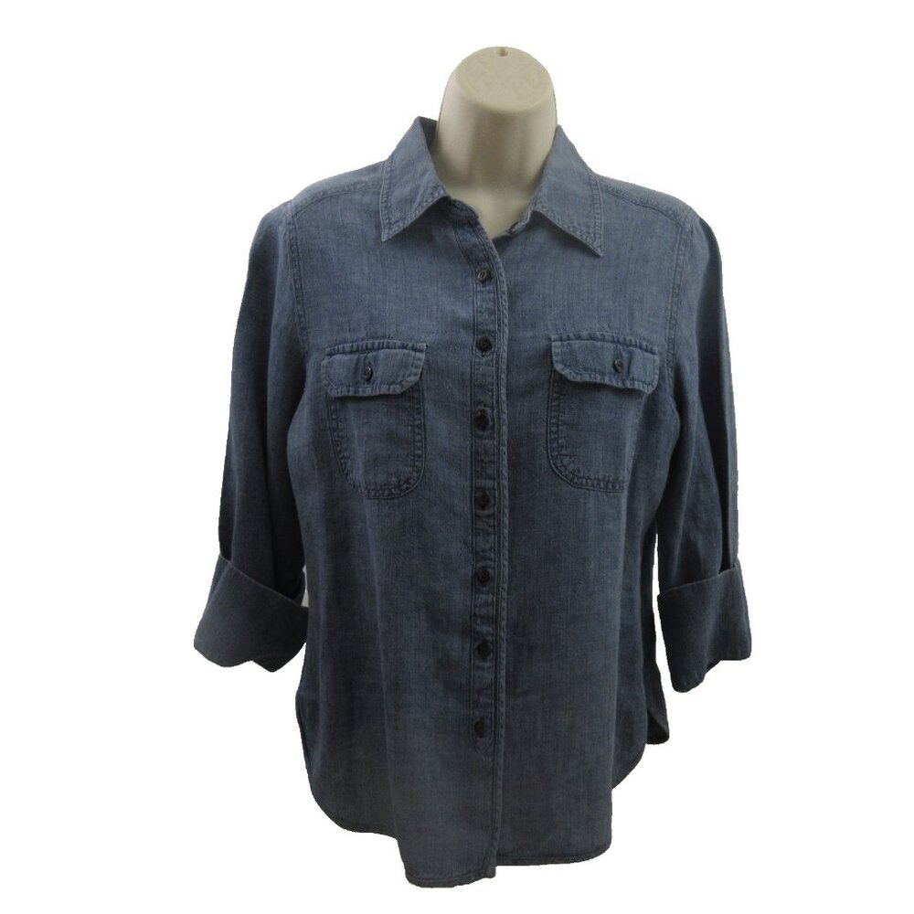Valerie Stevens Womens 100% Linen Denim Shirt Sz PL Button Up 3/4 Sleeve Pockets